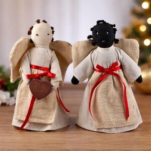 Vintage Angel Figurines Set Fabric 1980s Shelf Decor Set of 2